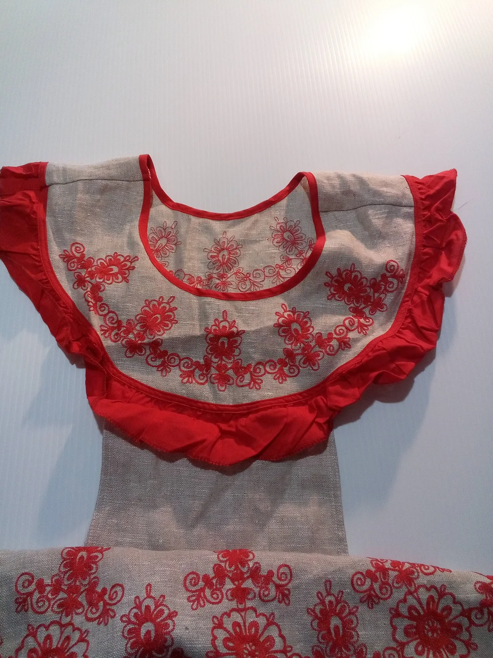 Vintage Russia 1960 Beige/Red Floral Embroidered Ruffled Bib Apron  Linen/Cotton